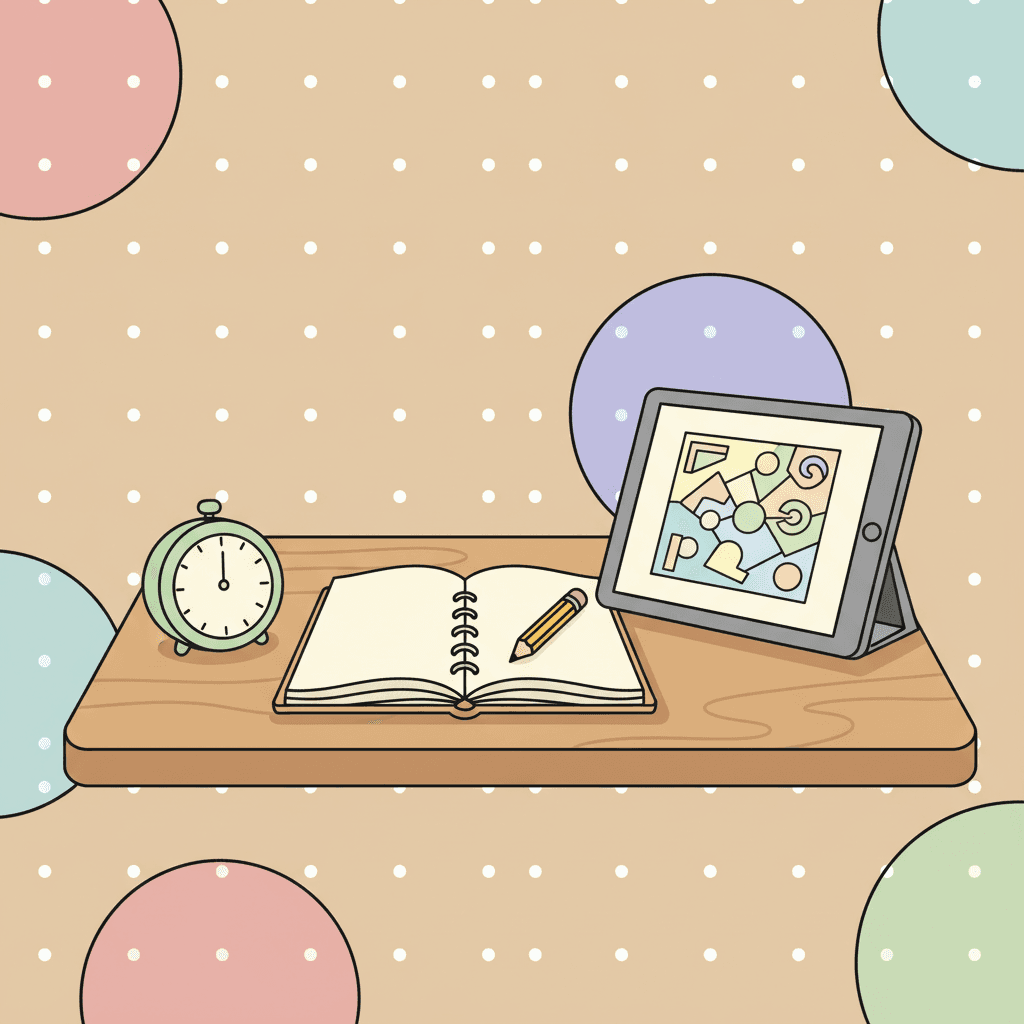 A homework desk with a timer, a tablet showing a coloring page, and a notebook, in a soft pastel illustration style with a dotted background.