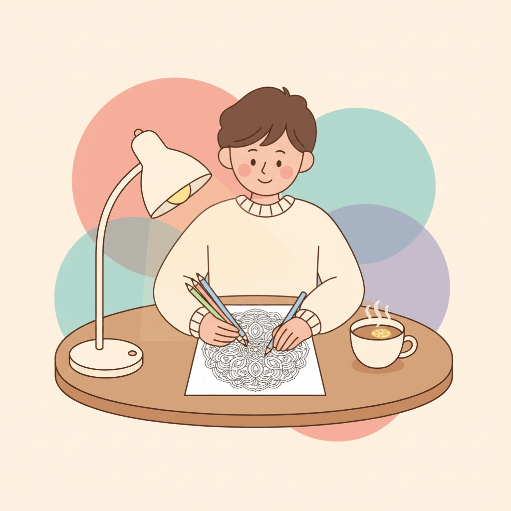 An adult coloring a detailed mandala page with colored pencils at a calm desk setup with a cup of tea.