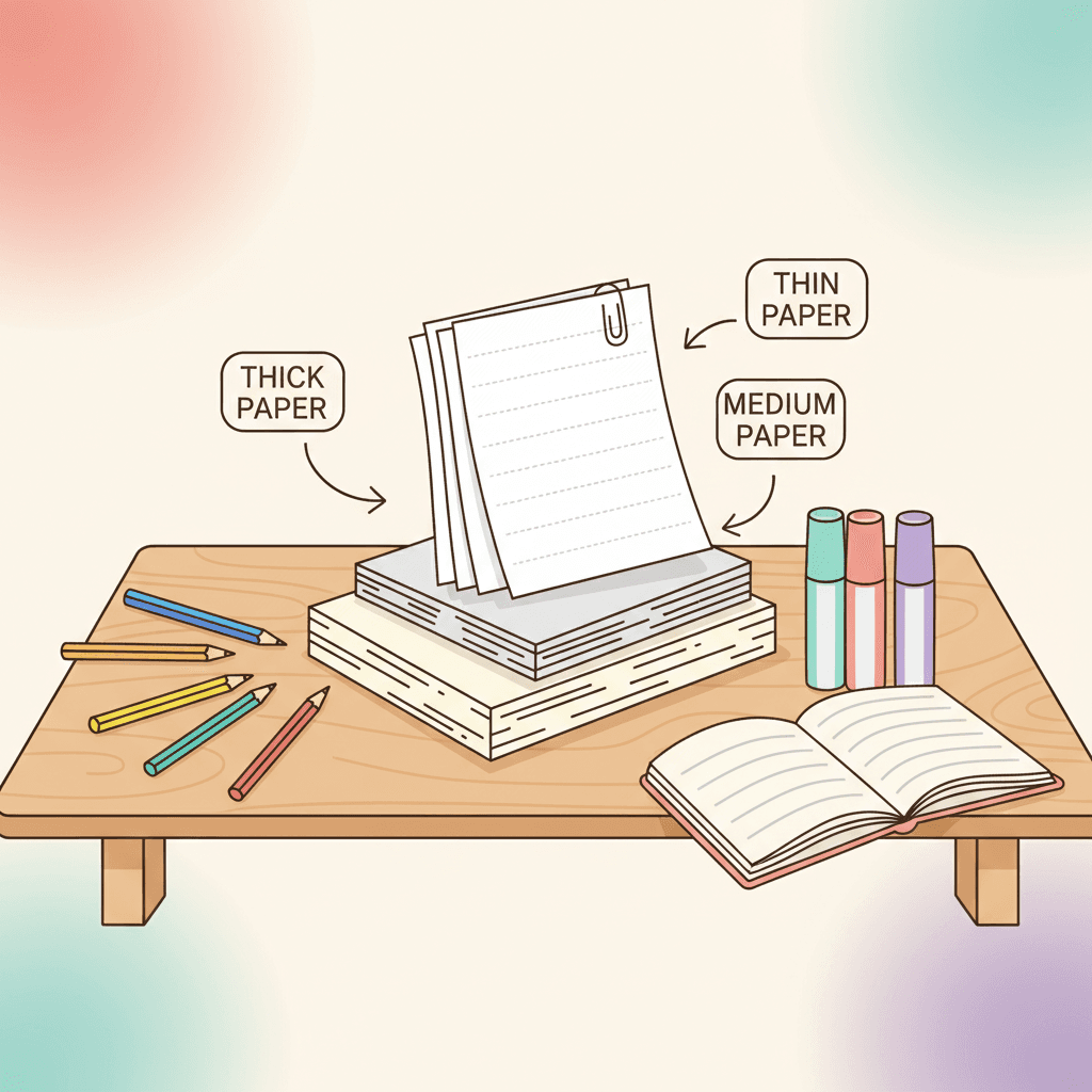 A stack of different weight papers next to colored pencils and markers on a craft table.