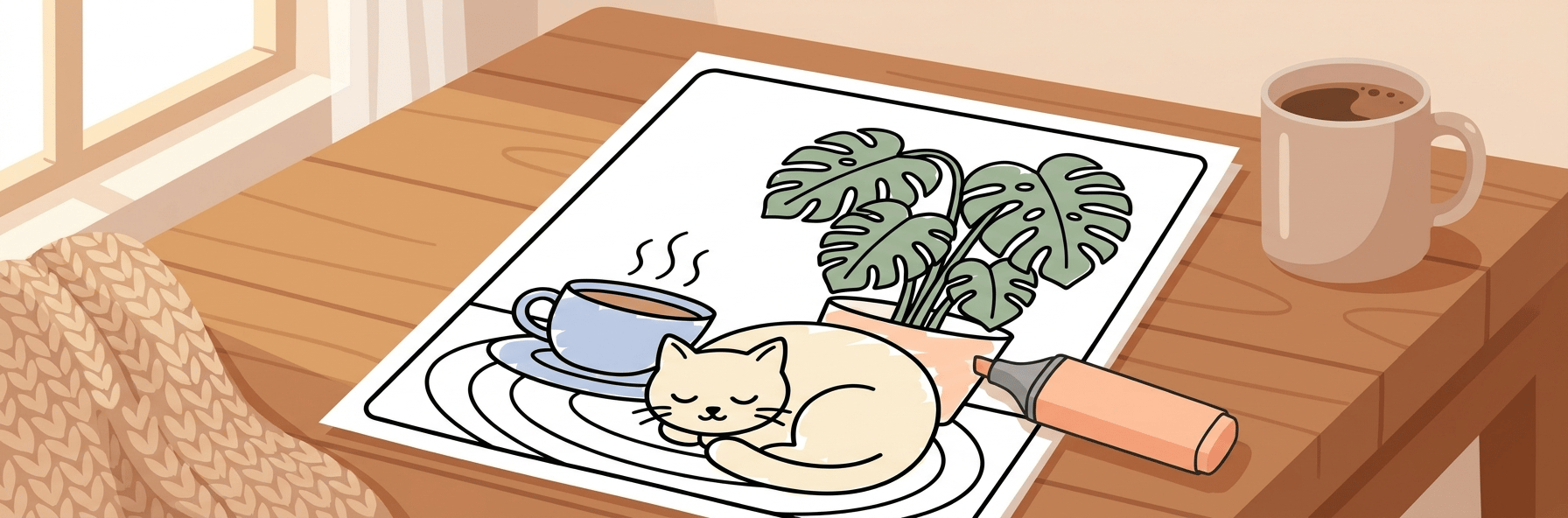 A cozy bold and easy style coloring page with a thick-lined cat, coffee cup, and plants, with large simple regions partly filled in pastel colors.