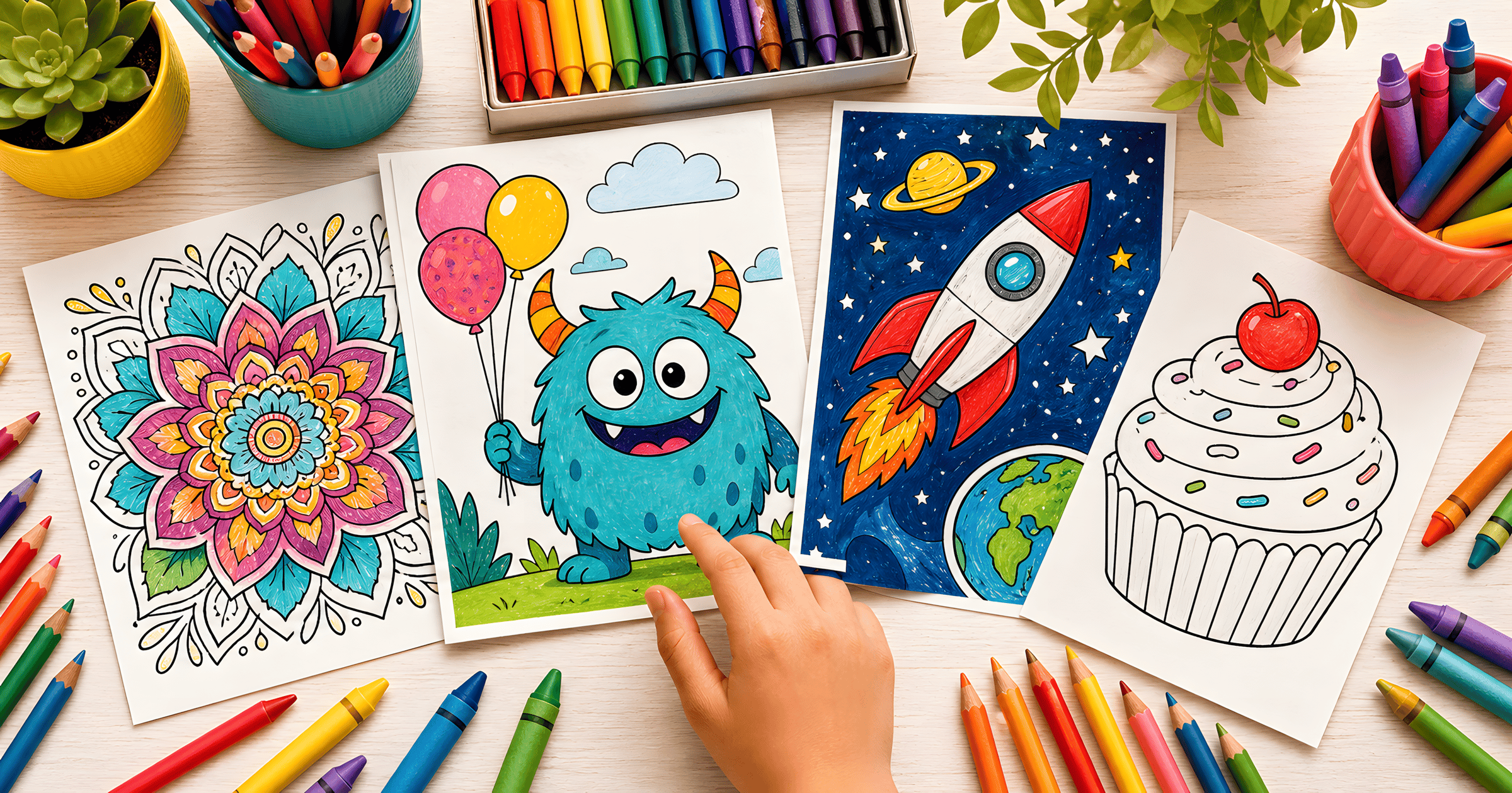 A child chooses among colorful mandala, monster, rocket, and cupcake coloring pages surrounded by crayons.