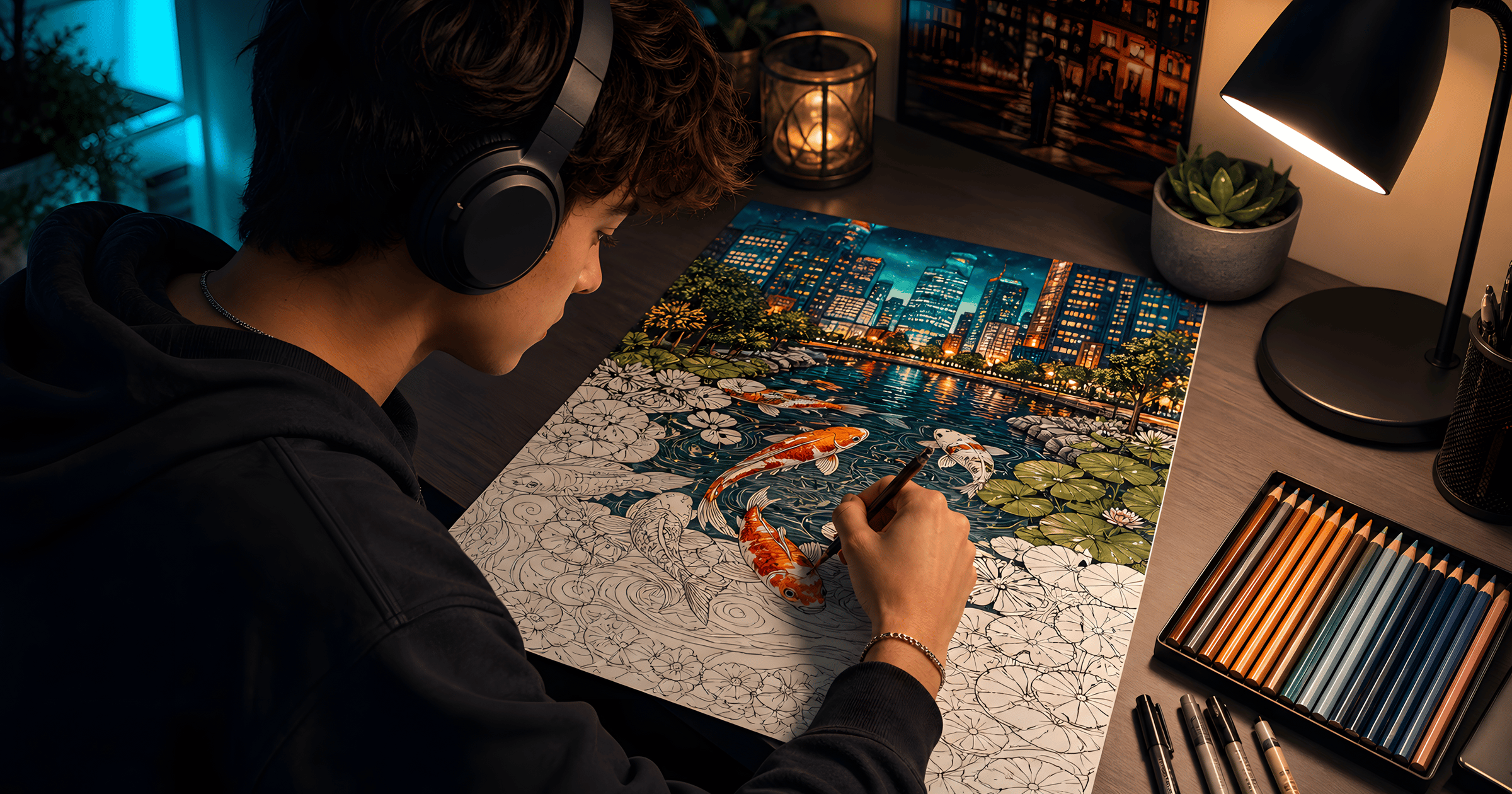 A teenager at a desk coloring an intricate city skyline page with fineliners and lo-fi headphones on.