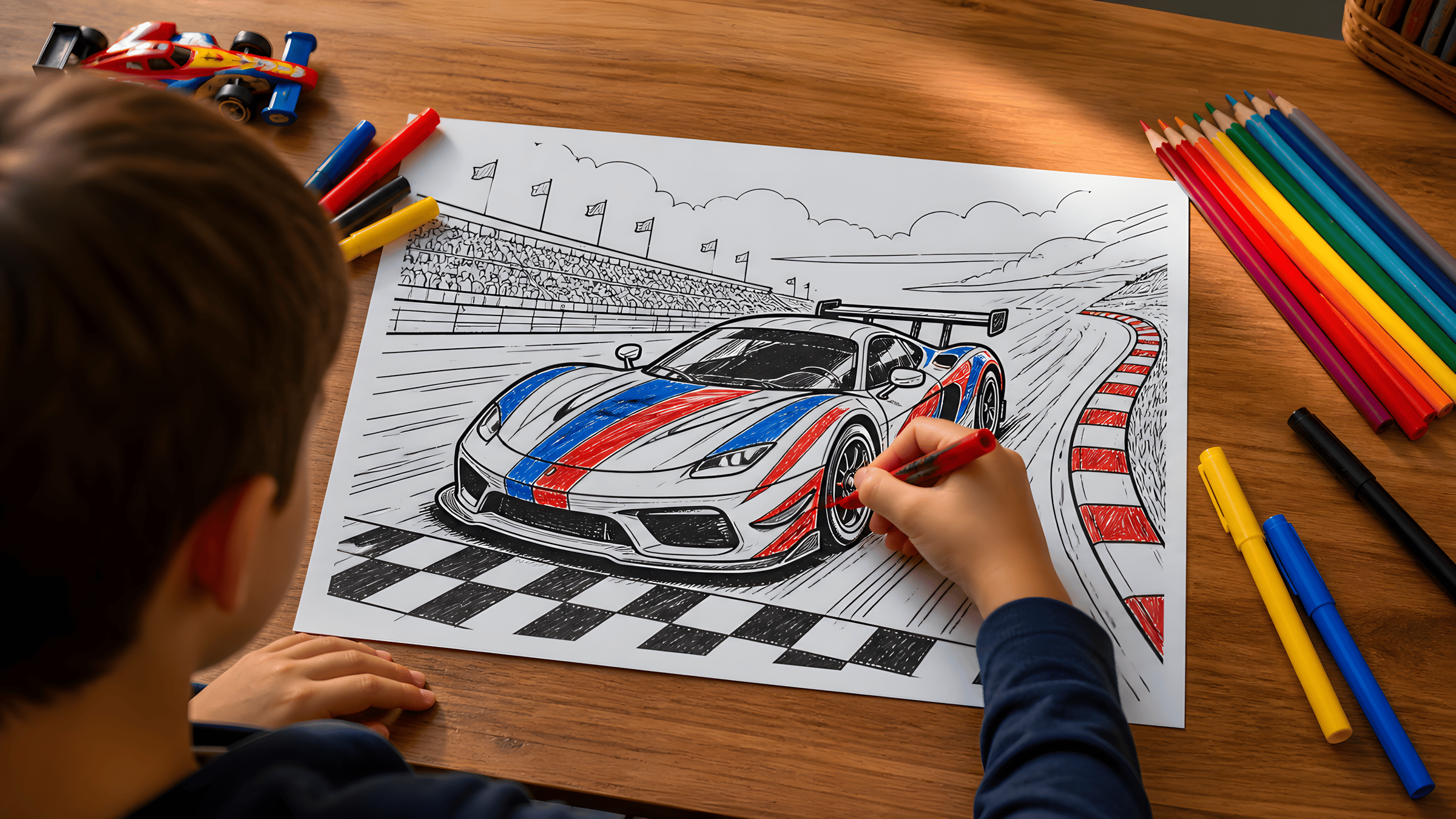 A child coloring a detailed race car page with markers beside a track-themed desk.