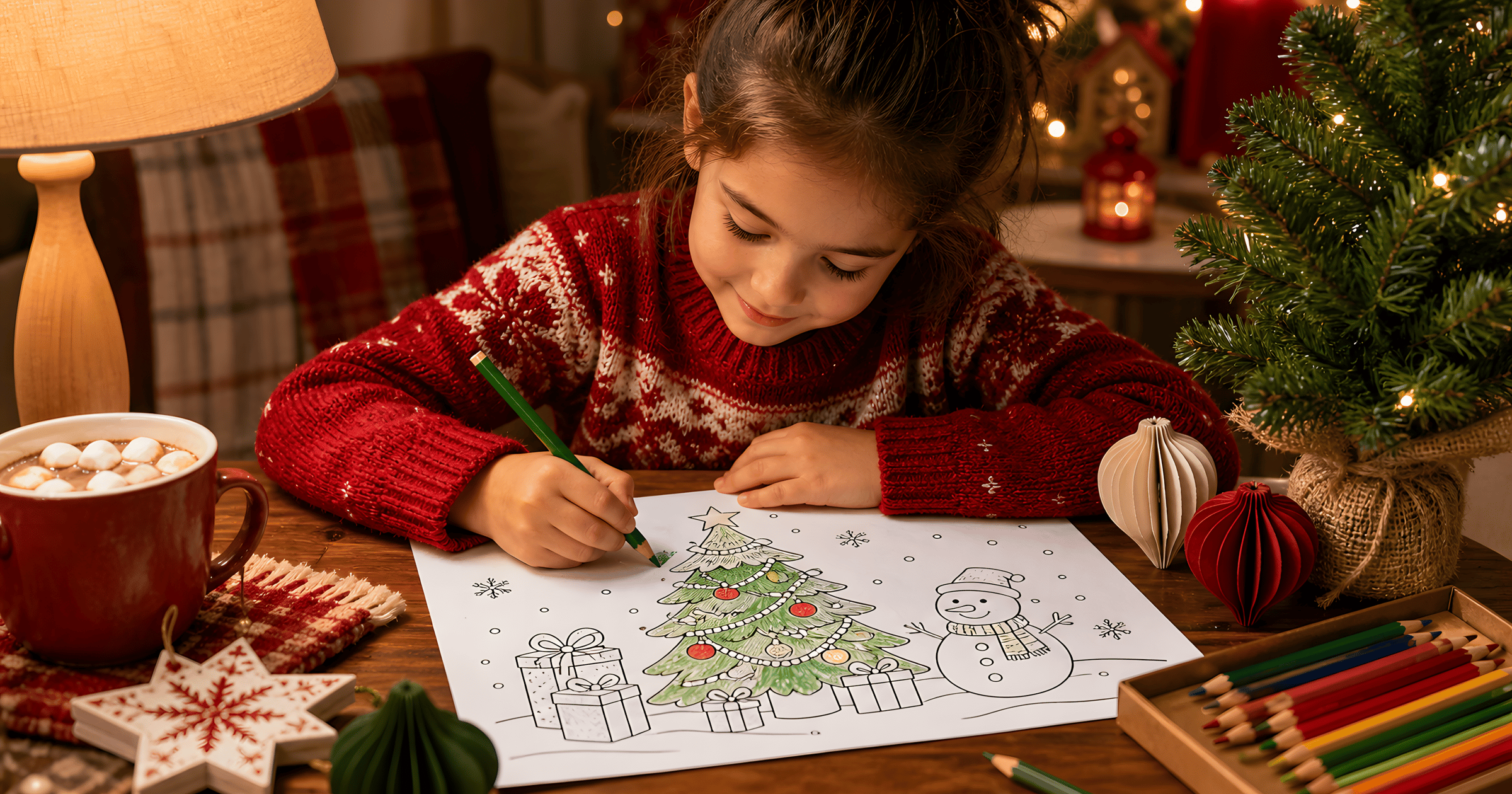 A child coloring a Christmas tree page by lamplight with a mug of cocoa and December calendar nearby.