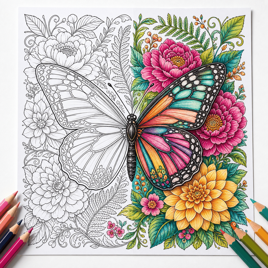 A detailed butterfly and flower coloring page shown half as black-and-white line art and half vividly colored with pencils.