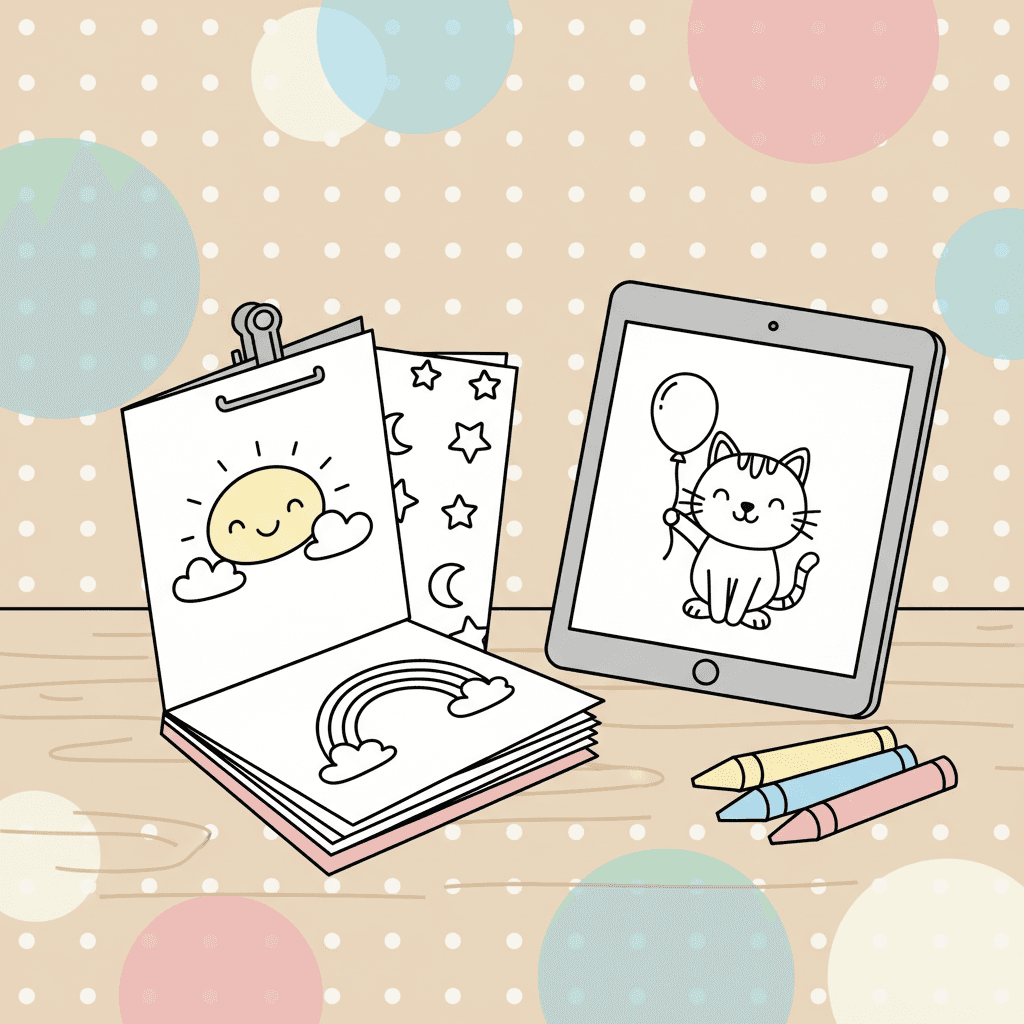 A small handmade coloring booklet next to a tablet showing a matching coloring page, in a soft pastel illustration style with a dotted background.
