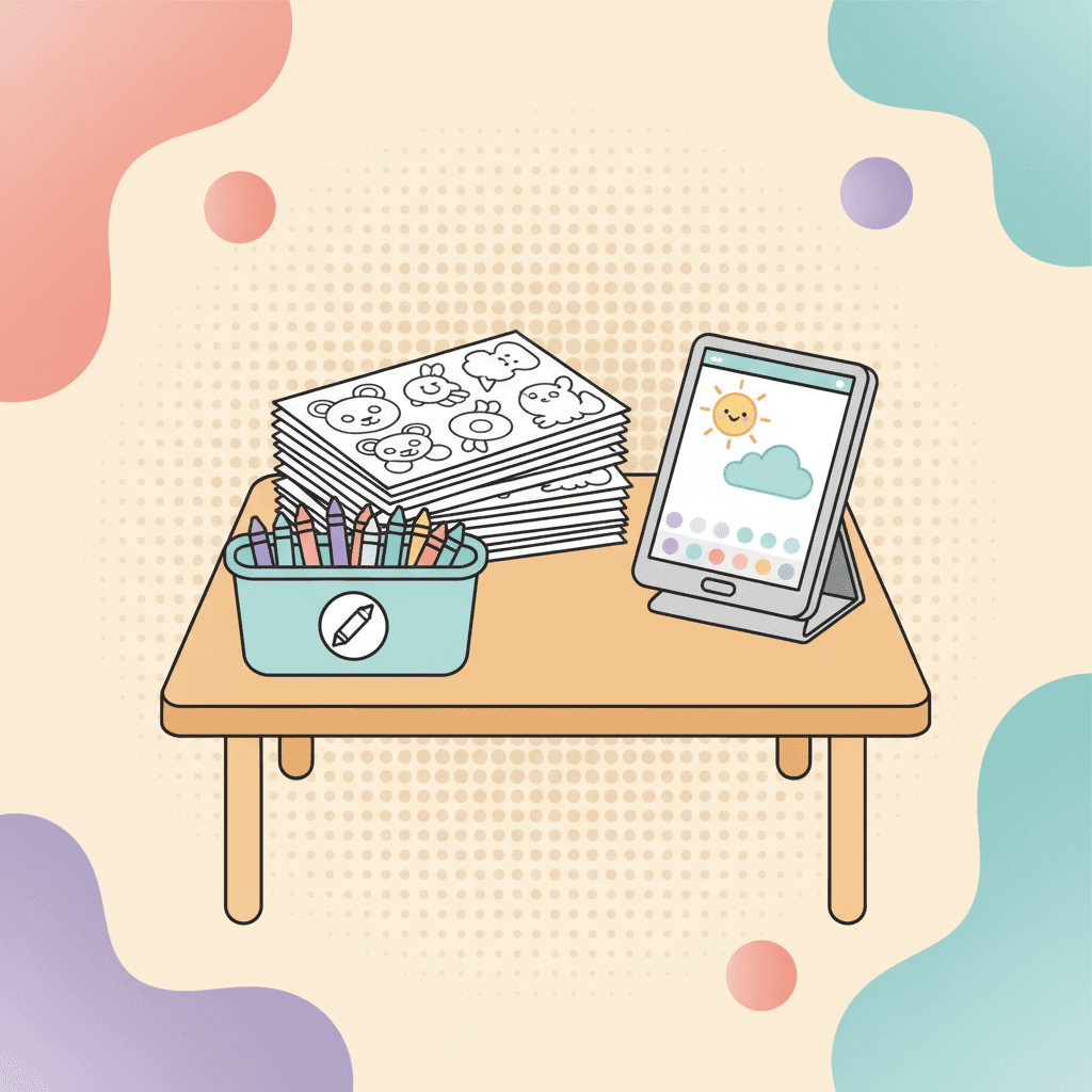 A tidy classroom table with a stack of coloring pages, a labeled supply bin, and a tablet station, illustrated in a soft pastel style.