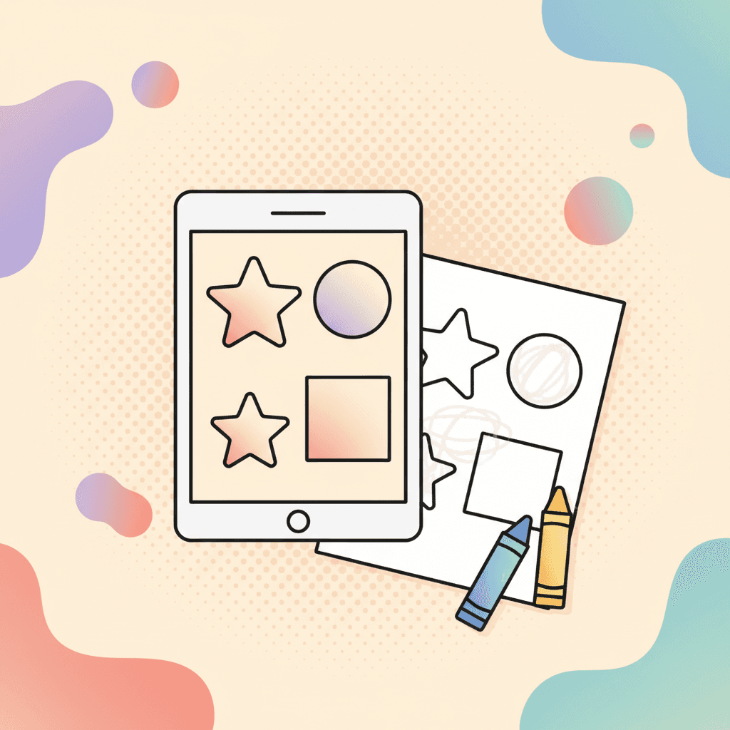 A toddler-friendly coloring page with big shapes shown on a tablet and a printed sheet, surrounded by soft pastel circles.