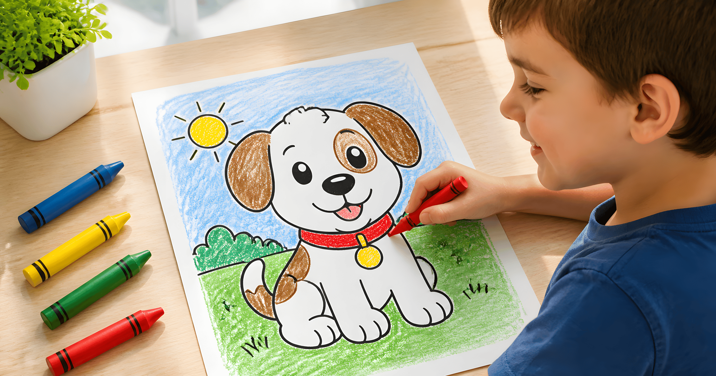 A young child proudly finishing a simple puppy coloring page with chunky crayons.