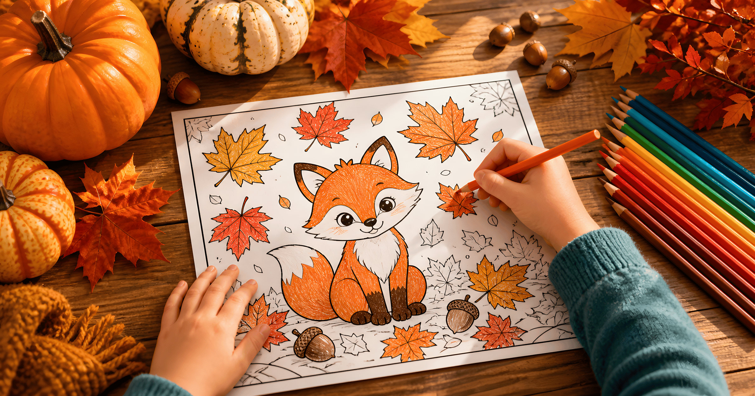 A child coloring an autumn scene with pumpkins and falling leaves at a kitchen table, crayons scattered nearby.