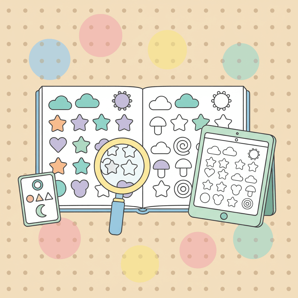 A simple worksheet-style coloring page with a small word list beside it and a tablet, illustrated in a soft pastel style on a dotted background.