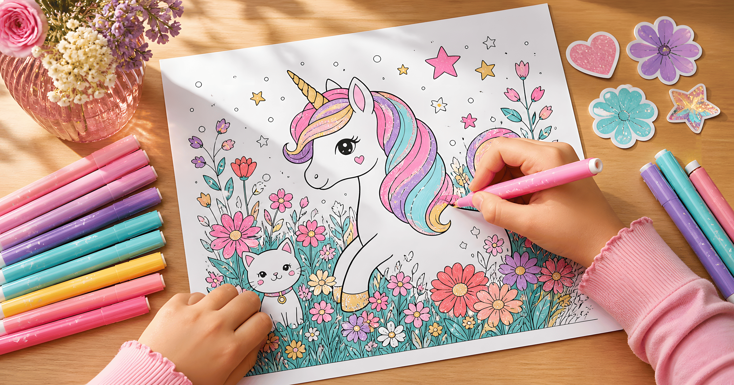 A bright table with unicorn and flower coloring pages, pink and purple markers arranged in a fan.