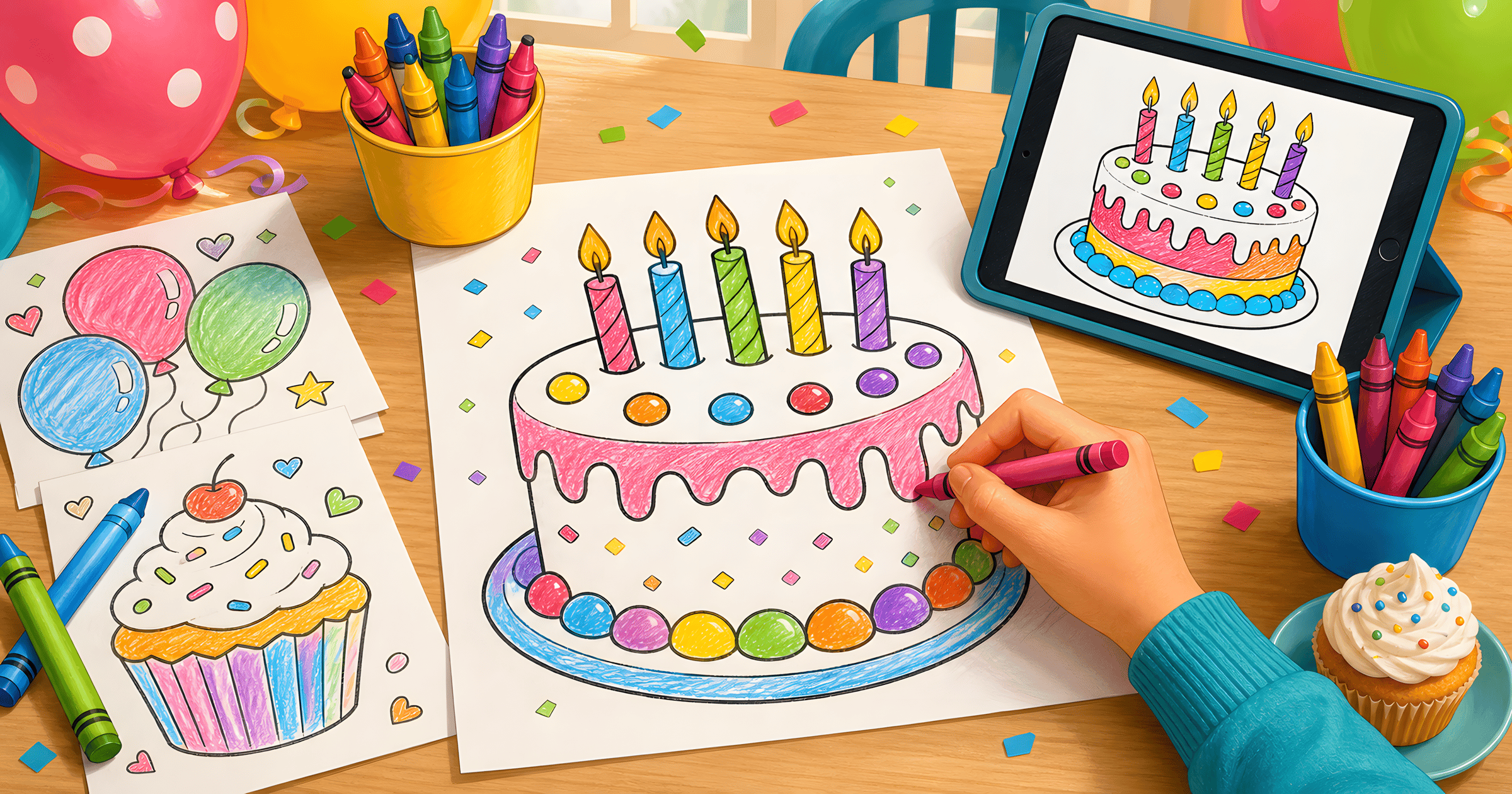 A birthday cake coloring page, balloons, crayons, cupcake, and digital coloring tablet arranged on a party table.