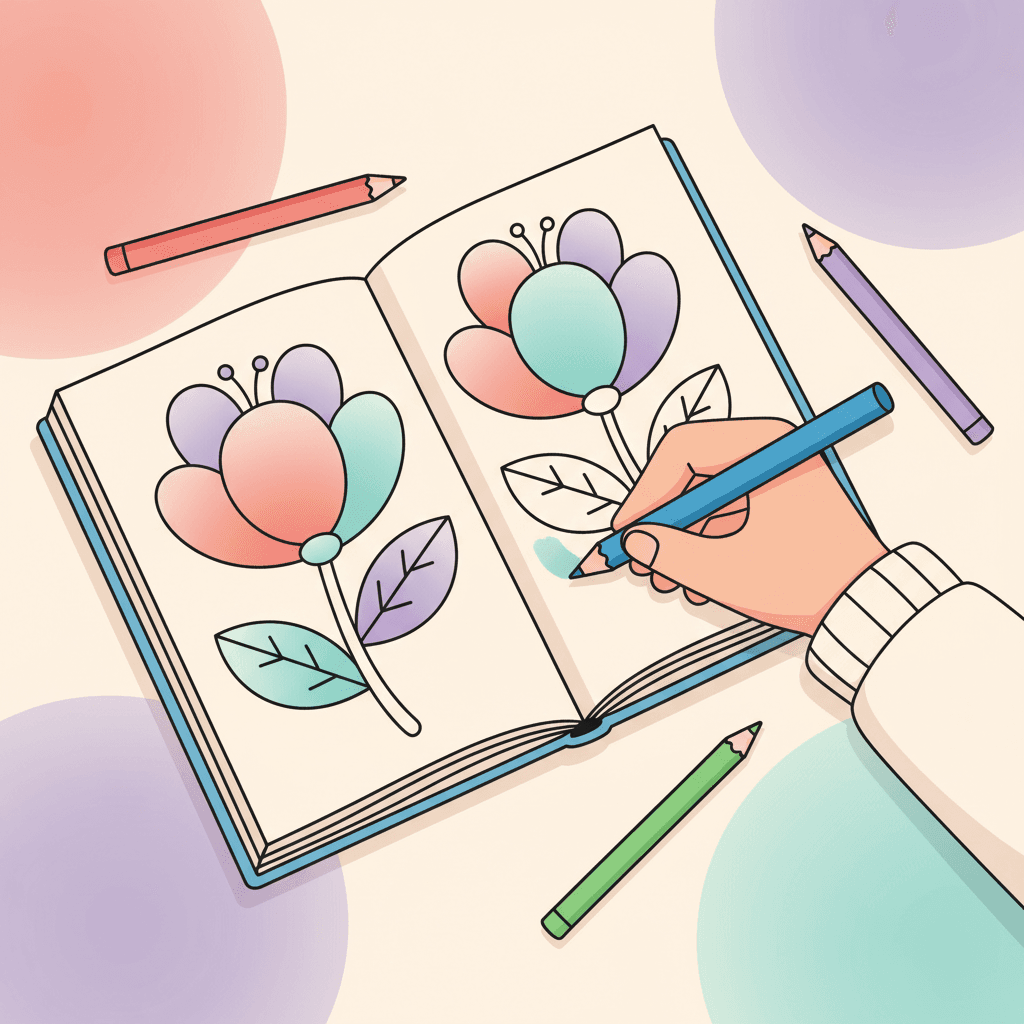 A hand coloring a printed coloring page with colored pencils, showing smooth layered shading on a flower.