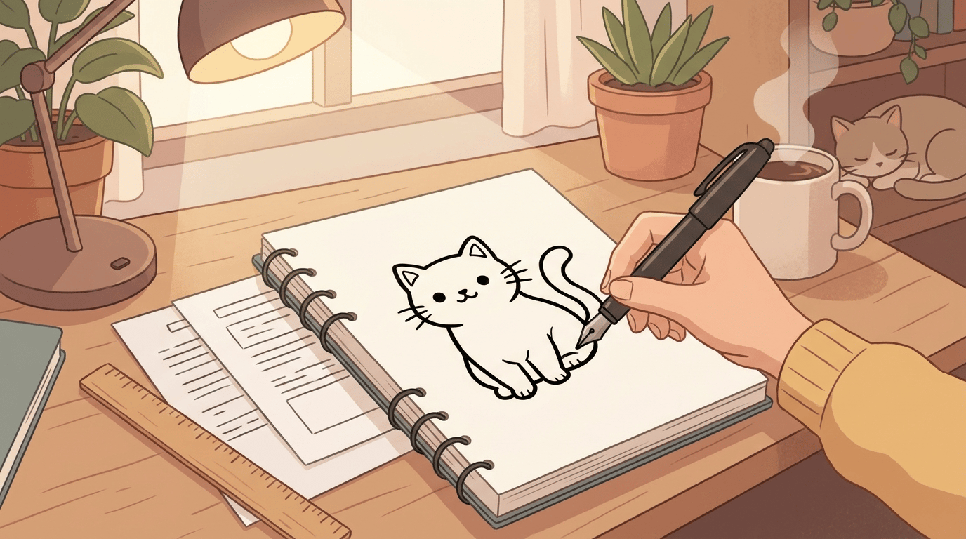 A work-in-progress coloring book on a desk with ink drawings, a pen, and a printed test page, illustrated in a warm coloring book style.