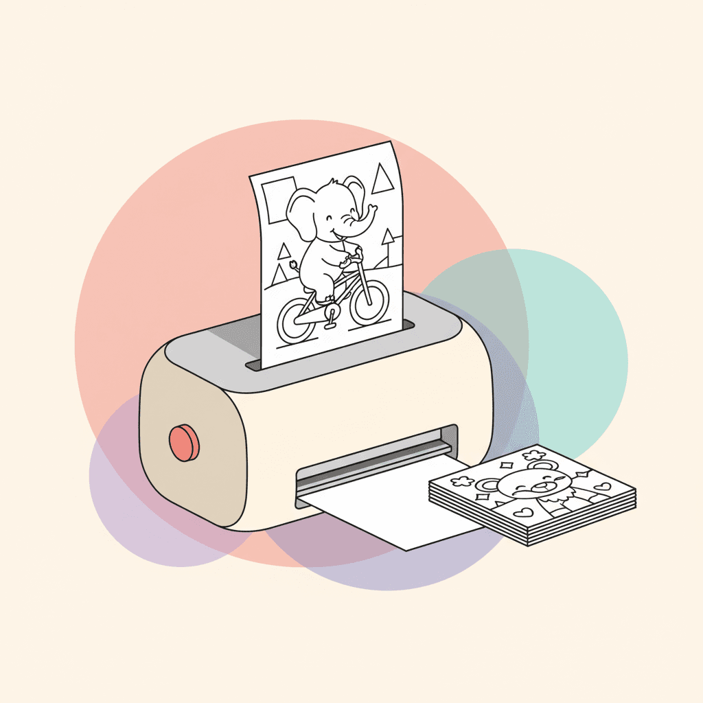 A printed coloring page coming out of a home printer with crisp black lines on white paper.