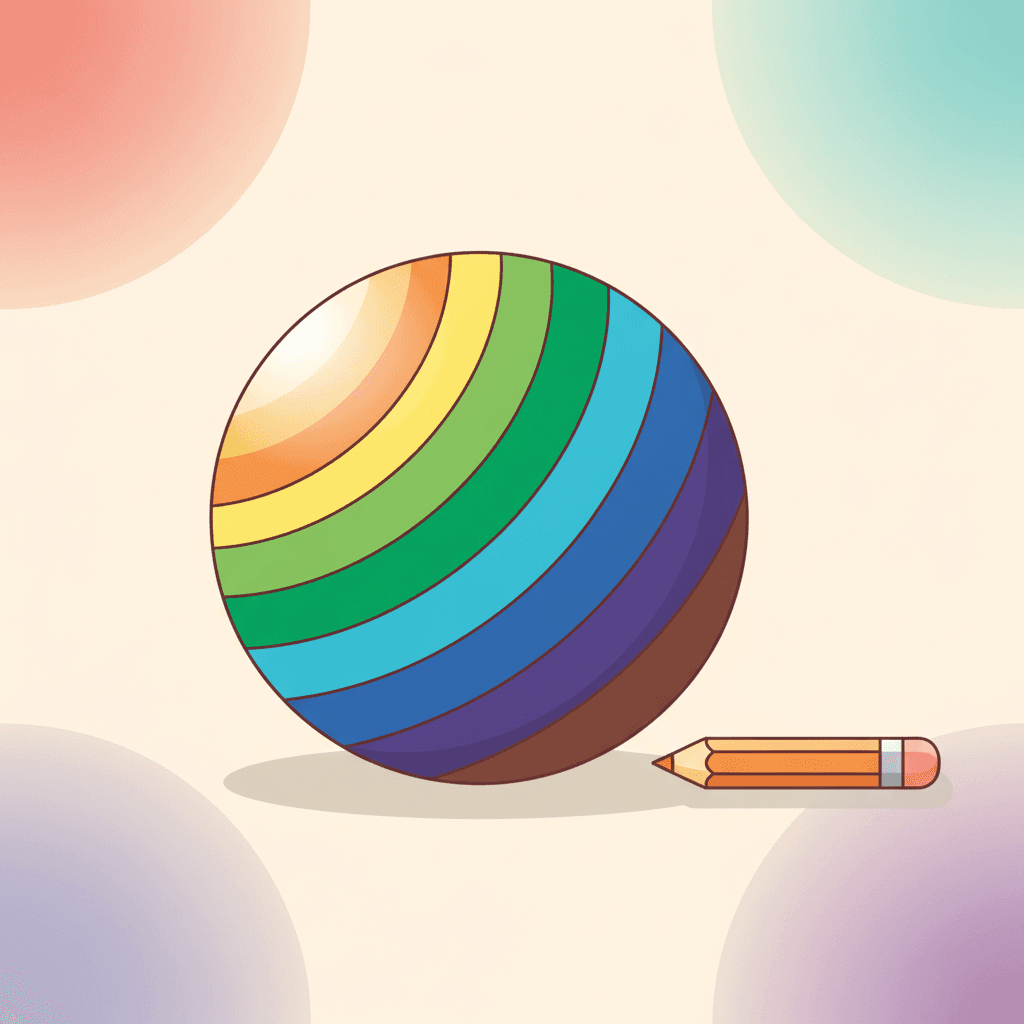 A colored pencil sphere showing smooth shading from highlight to shadow with a cast shadow beneath it.