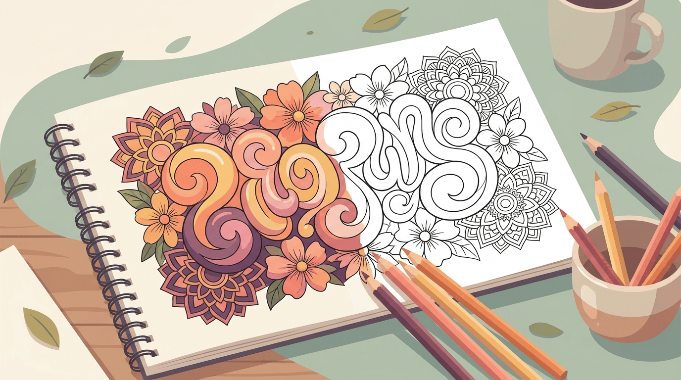 A coloring sheet with decorative hand-lettered word art surrounded by flowers and mandala patterns, partly colored with warm tones.