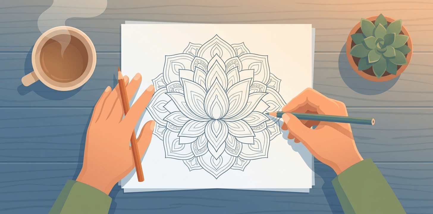 A person's hands coloring a lotus mandala page at a calm desk with a cup of tea and soft evening light, in a gentle illustrated style.