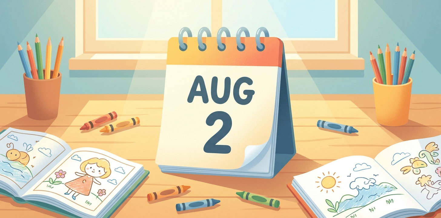 A cheerful illustrated calendar page for August 2 surrounded by coloring books, crayons, and colored pencils on a sunny desk.
