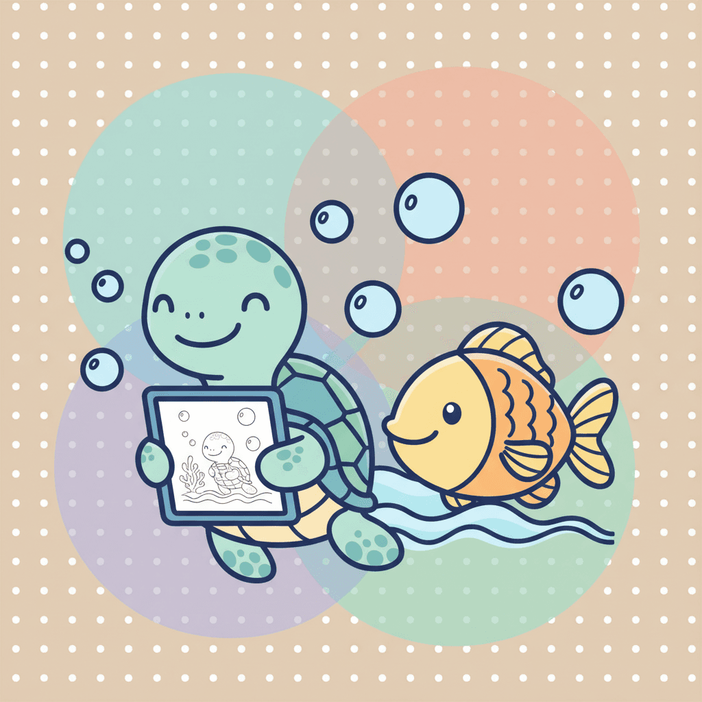 A friendly underwater scene with simple sea creatures and a tablet showing an ocean coloring page, in a soft pastel illustration style.
