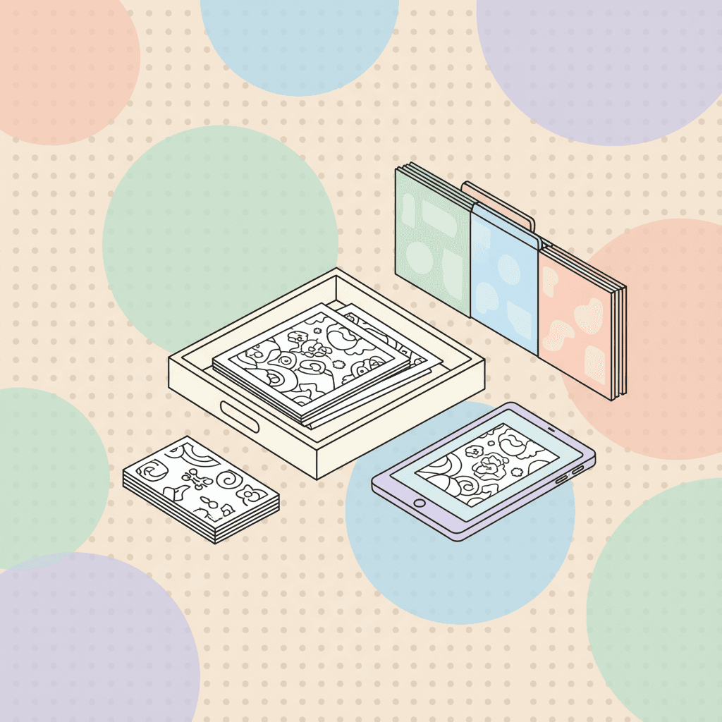 A neat set of labeled folders holding coloring pages next to a tablet, in a soft pastel illustration style with a dotted background.