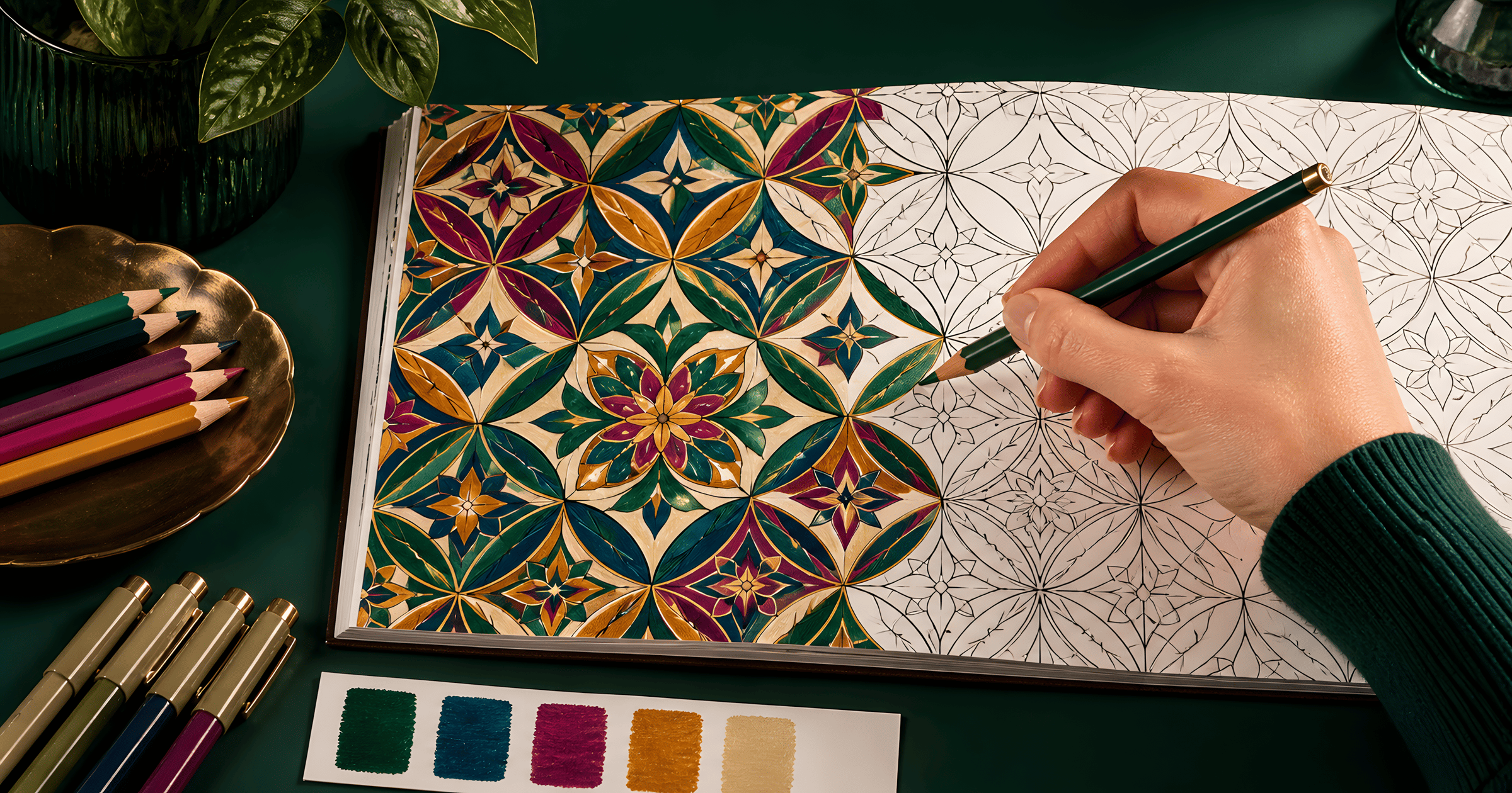A geometric mosaic coloring page half-filled in jewel tones with fineliners resting on top.