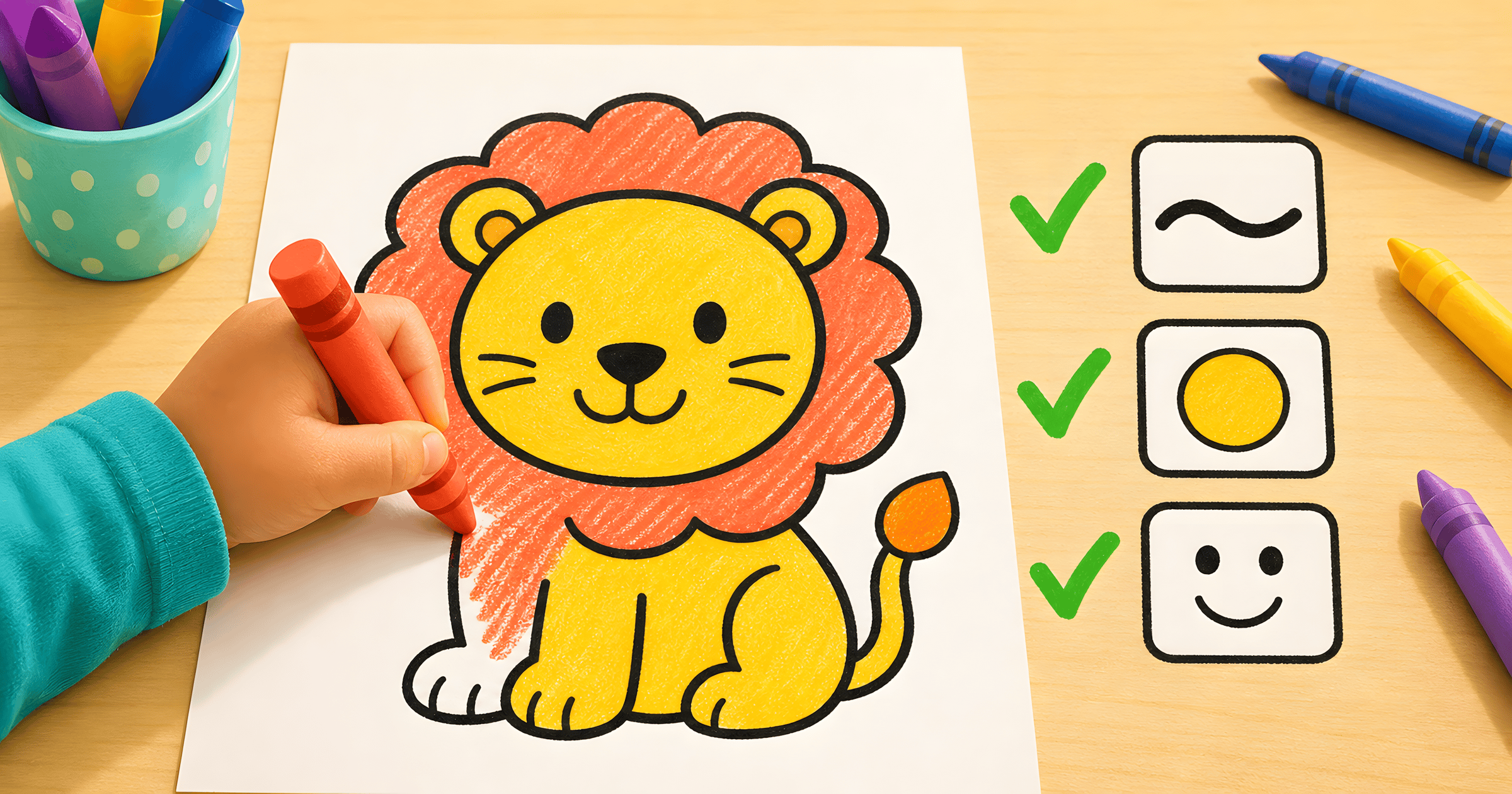 A preschooler colors a simple thick-line lion beside three green checks for easy coloring-page quality.