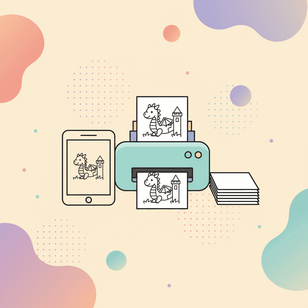 A home printer outputting a clean coloring page while a tablet shows the same page, in a soft pastel illustration style.