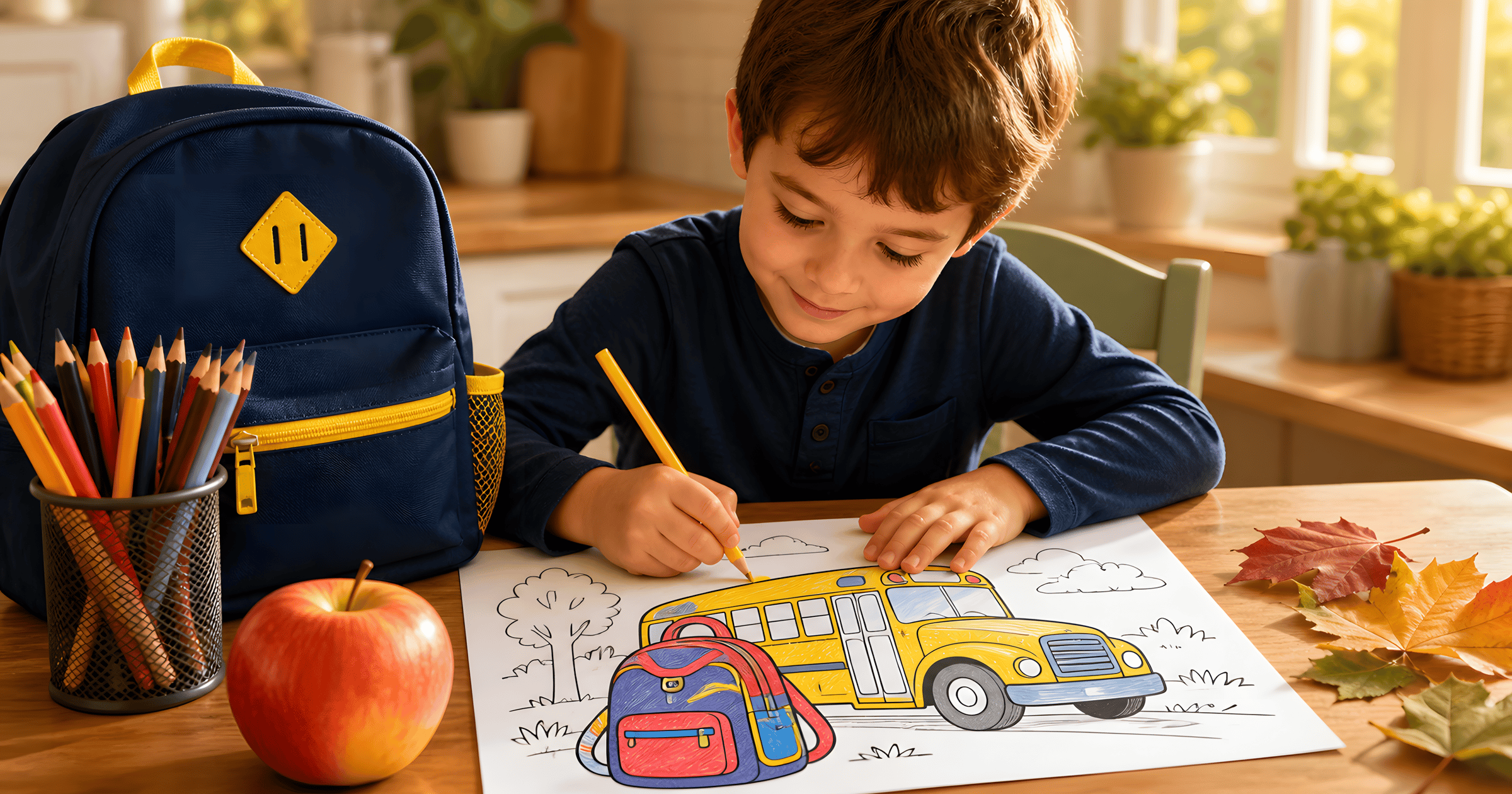 A desk with school-themed coloring pages, a backpack, and sharpened pencils ready for the first day.
