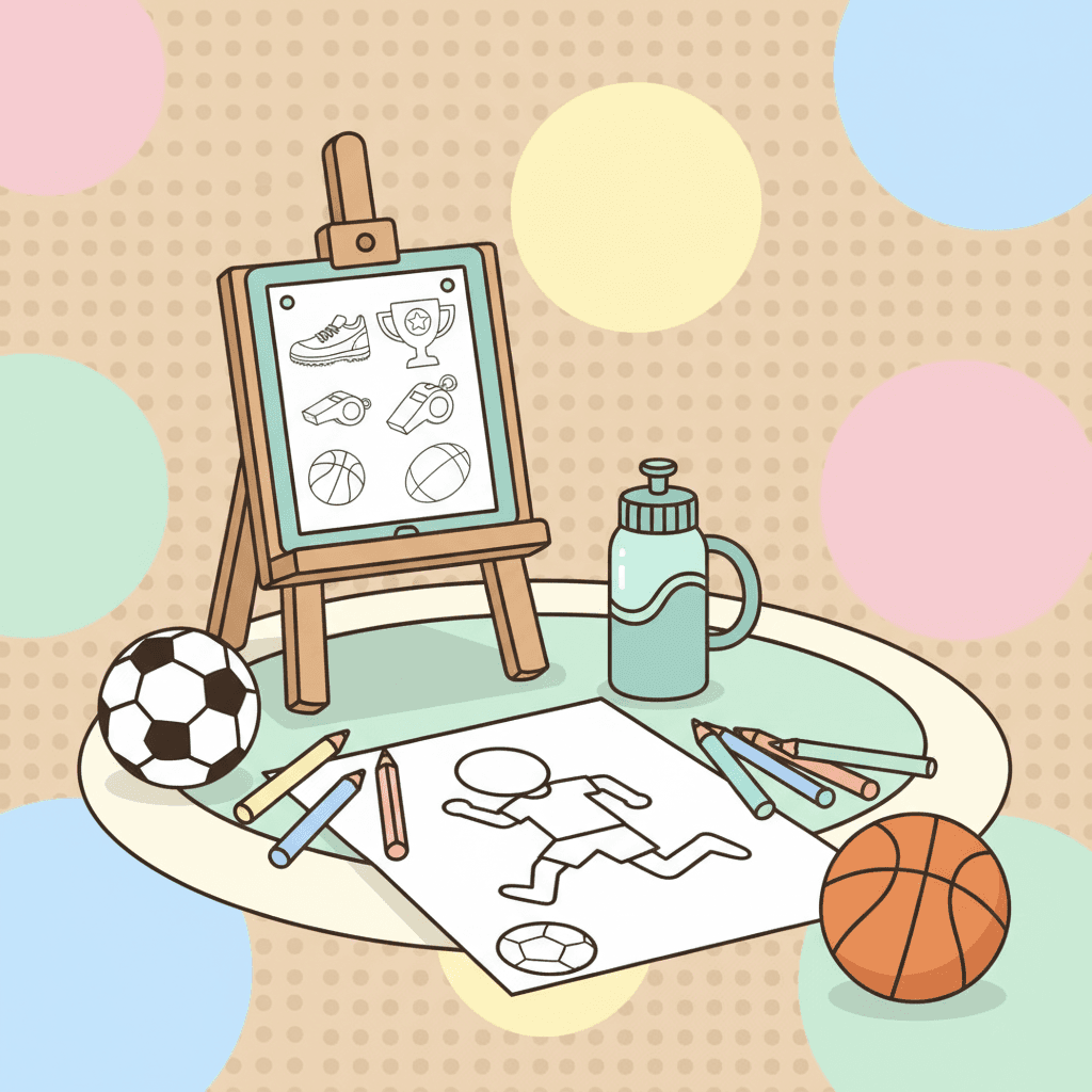 A sports-themed coloring setup with a ball, a water bottle, and a tablet showing a coloring page, on a warm dotted background with pastel circles.