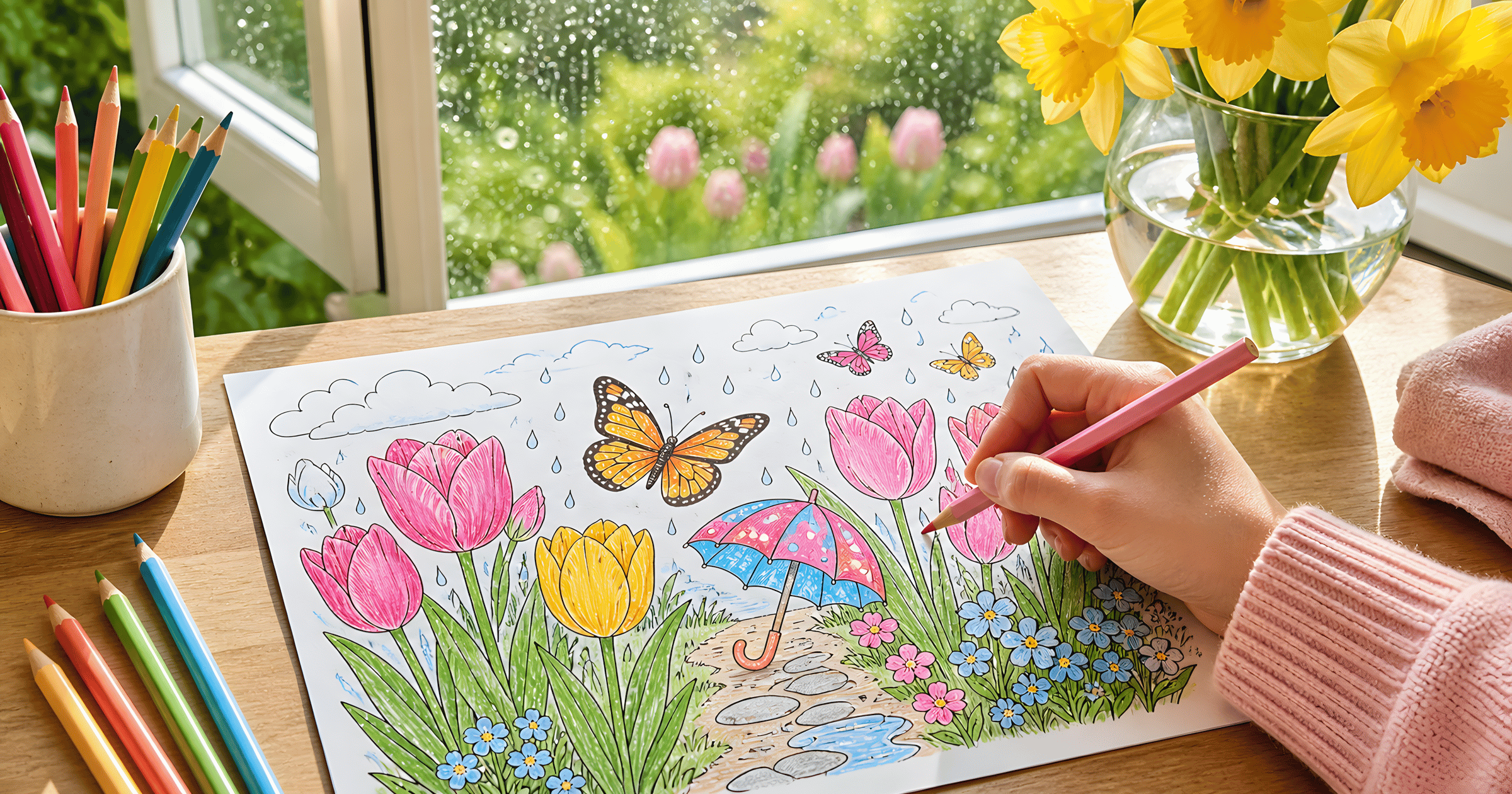 A table by a bright window with spring coloring pages of flowers and butterflies, colored pencils in a jar.