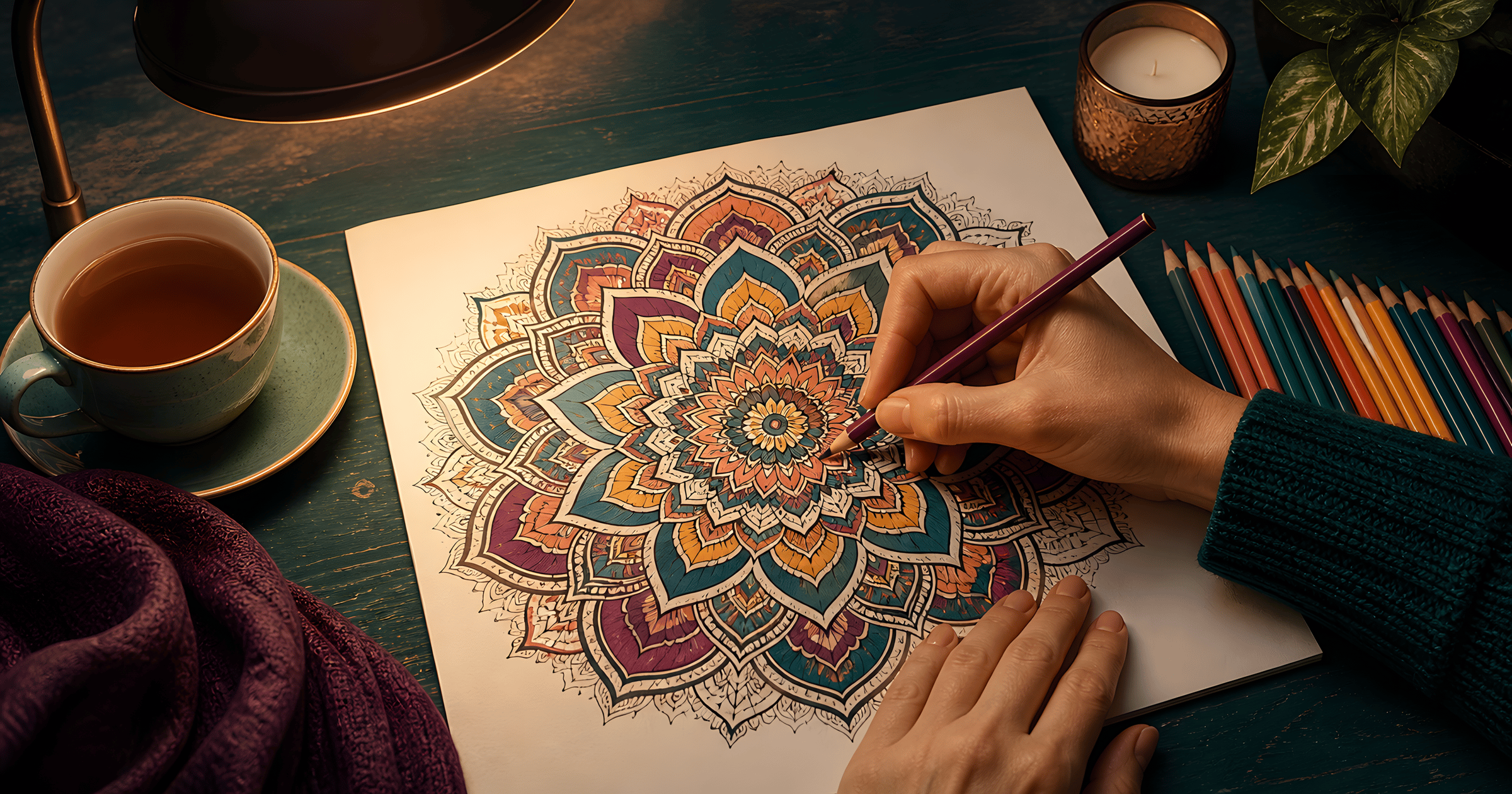 Hands coloring a mandala page at a calm desk in the evening with a cup of tea nearby.