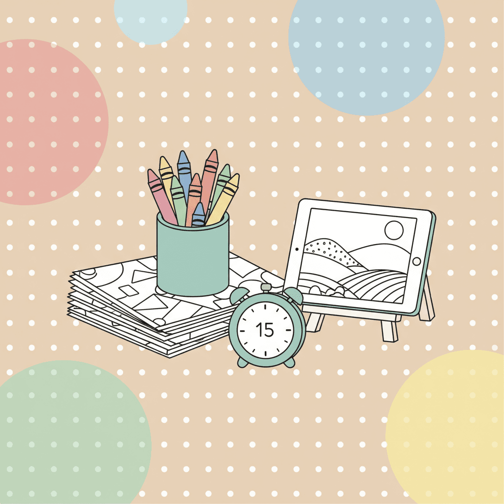 A classroom desk with a small stack of coloring pages and a tablet showing a simple coloring page, on a warm dotted background with pastel circles.