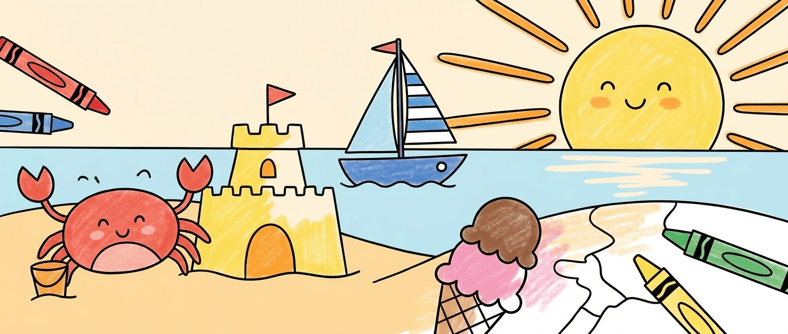 A bright summer beach scene illustration with a sandcastle, ice cream cone, sailboat, and sun, drawn in a cheerful coloring book style.