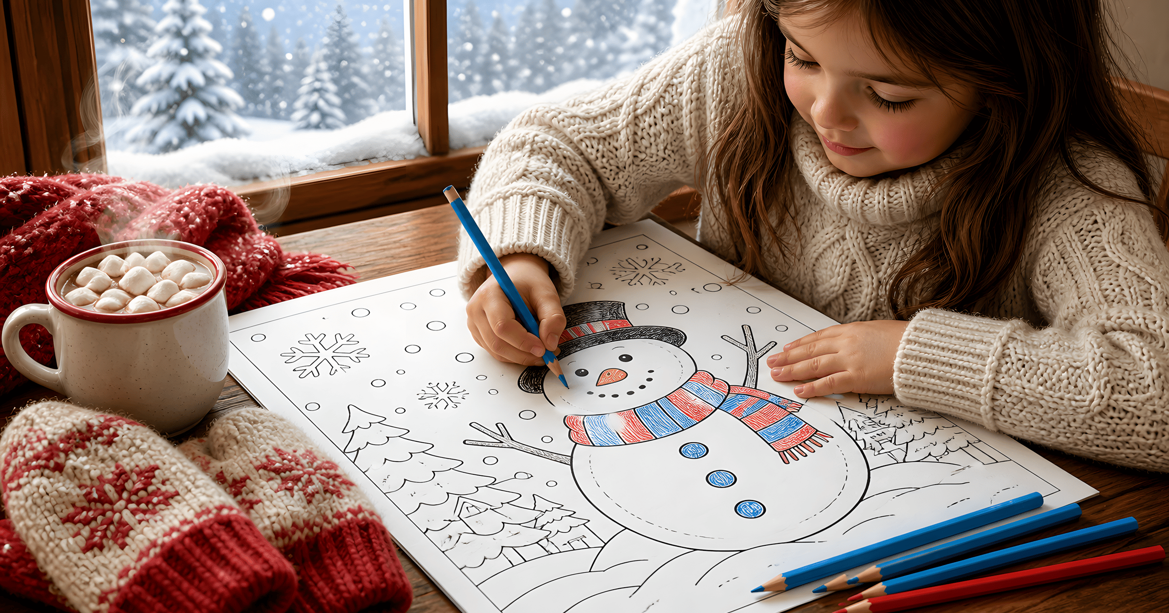 A cozy scene of a child coloring a snowman page with mittens and hot cocoa on the table.