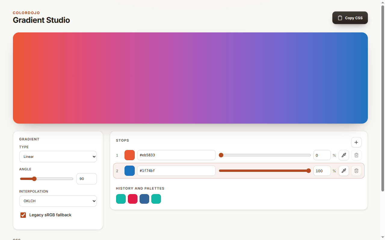 ColorDojo Gradient Studio creating an OKLCH gradient with a legacy sRGB fallback