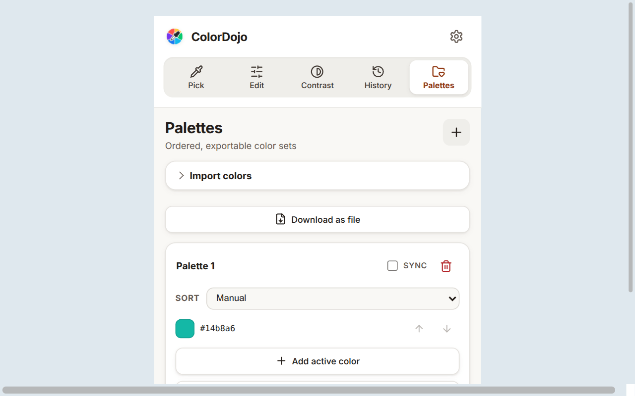 ColorDojo palette organizer with code export actions
