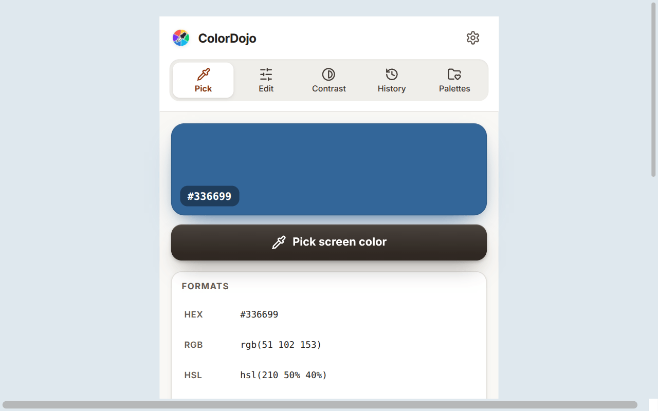 ColorDojo Chrome extension showing a picked color and CSS formats