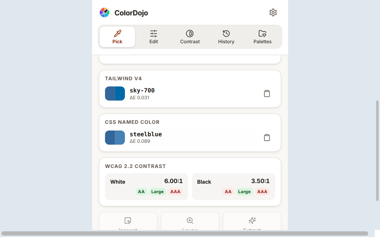 ColorDojo matching a sampled blue to the Tailwind CSS sky-700 token