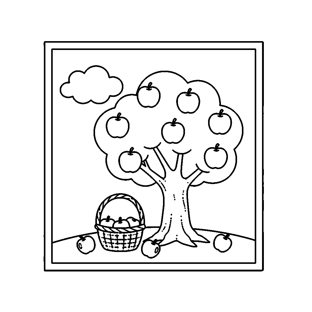 Apple Orchard coloring page - An apple tree with a basket underneath