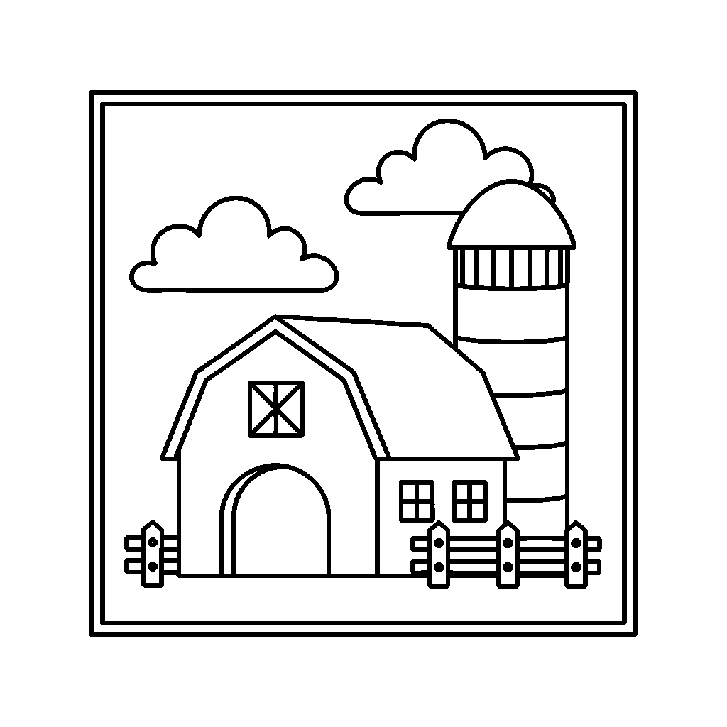 Barn and Silo coloring page - A simple barn with a tall silo and a fence