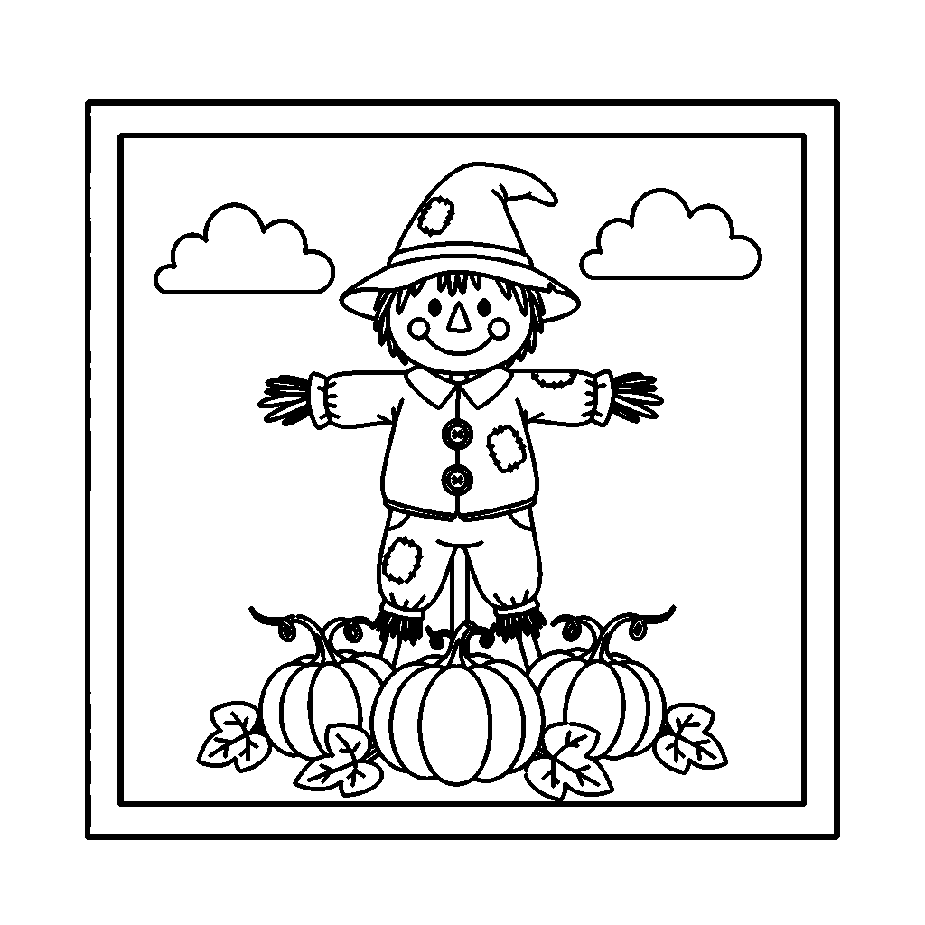 Scarecrow Patch coloring page - A scarecrow watching over a pumpkin patch