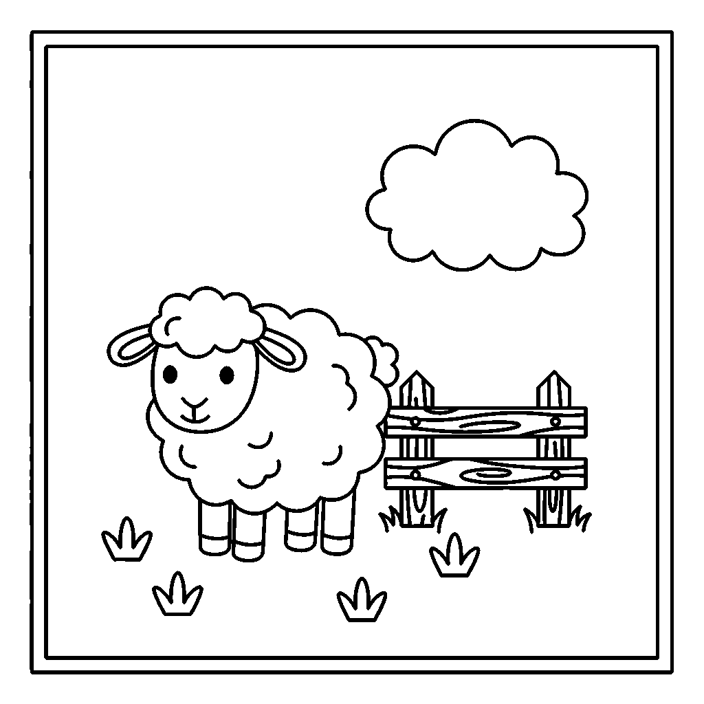 Sheep by the Fence coloring page - A fluffy sheep next to a wooden fence