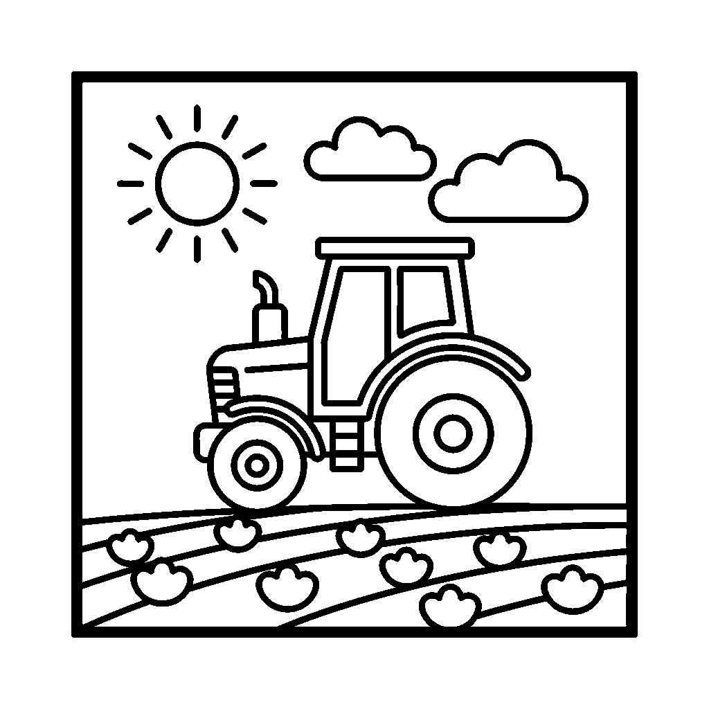 Tractor in the Field coloring page - A chunky tractor rolling through rows of crops