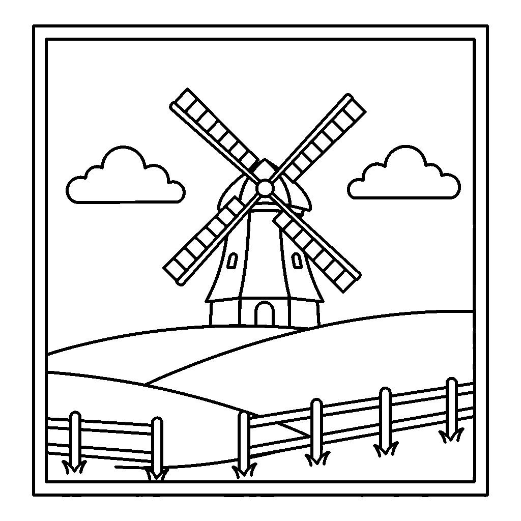 Windmill on the Hills coloring page - A classic windmill on rolling hills with clouds