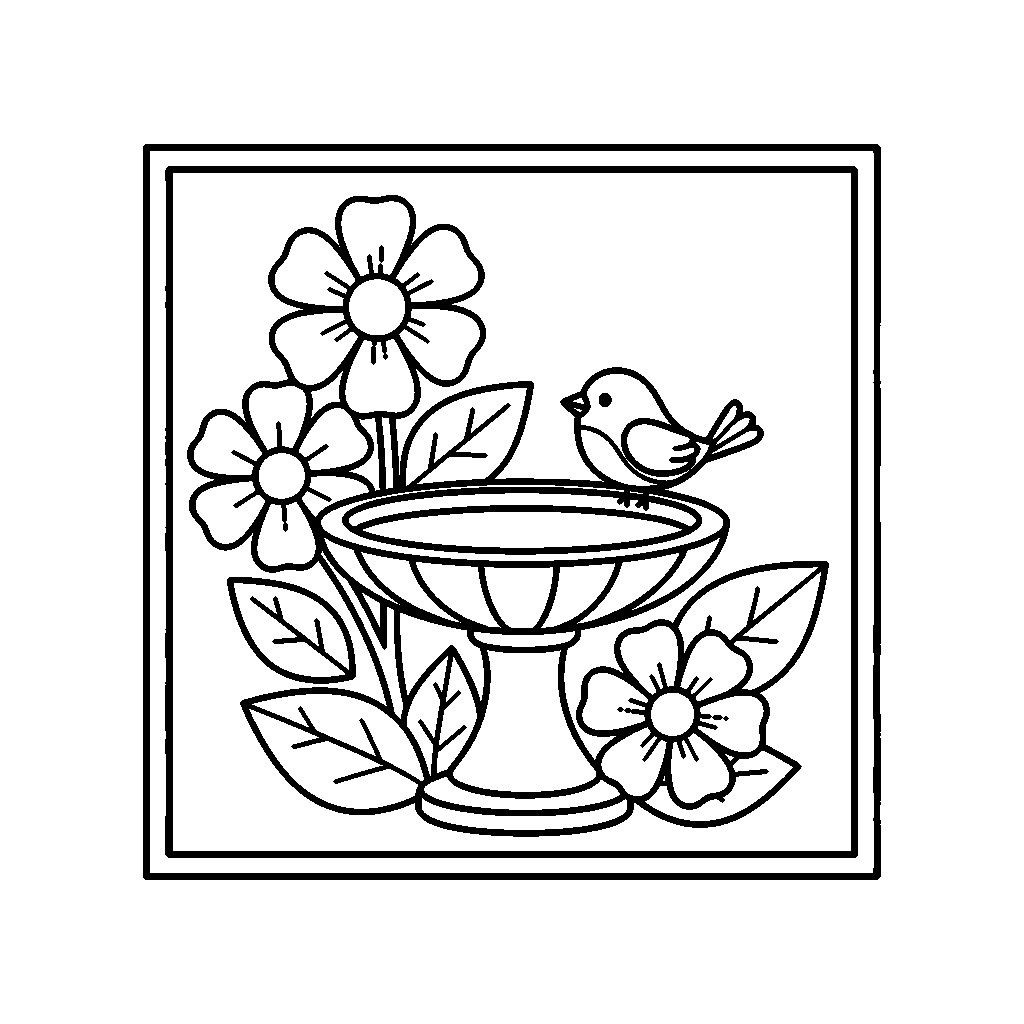 Garden Birdbath coloring page - A birdbath surrounded by leaves and flowers