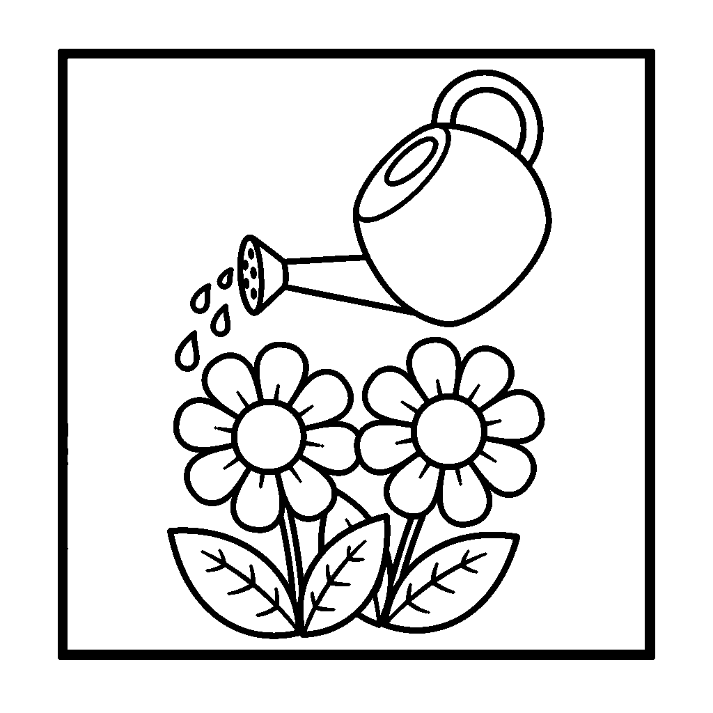 Watering Can coloring page - A watering can sprinkling water on flowers