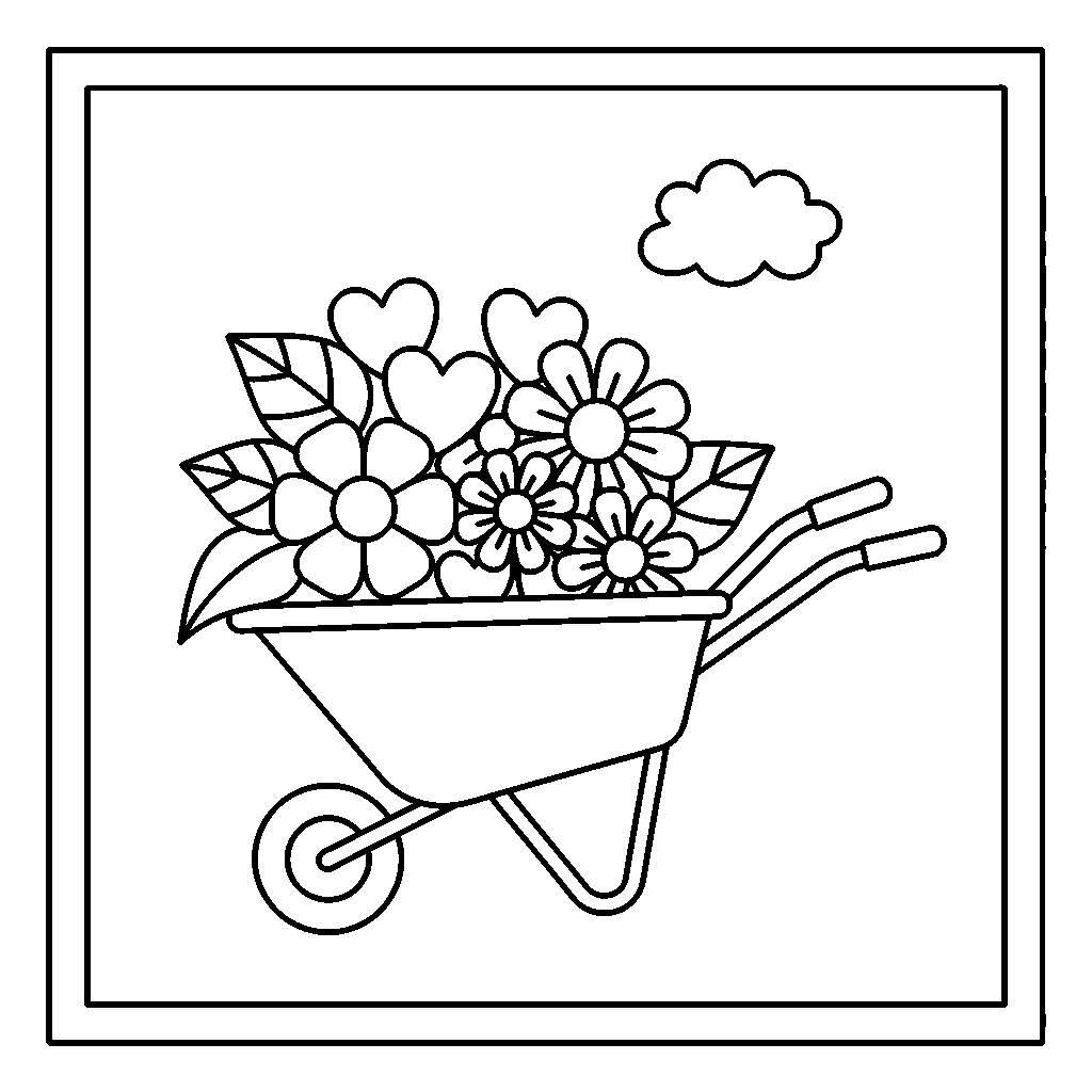 Wheelbarrow of Flowers coloring page - A wheelbarrow filled with simple flowers