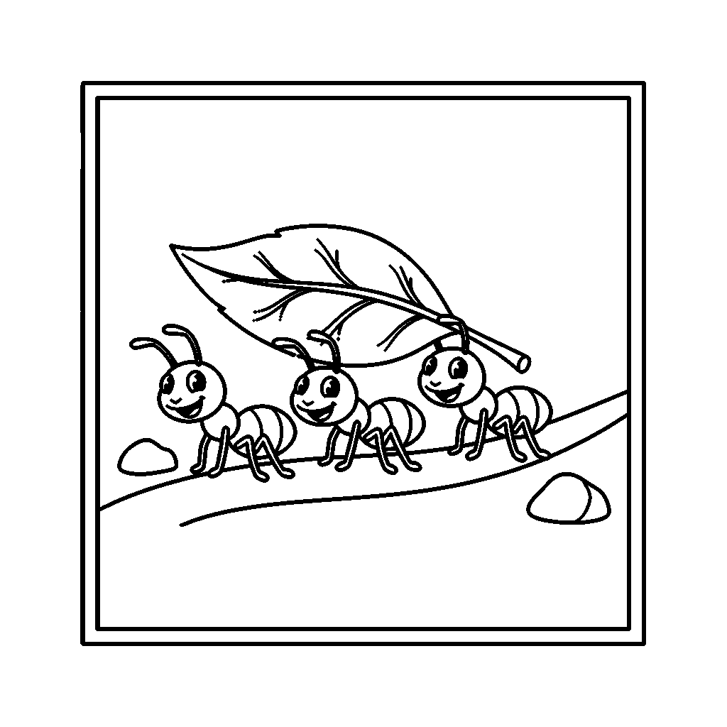 Ant Leaf Carry coloring page - Ants carrying a big leaf along a path